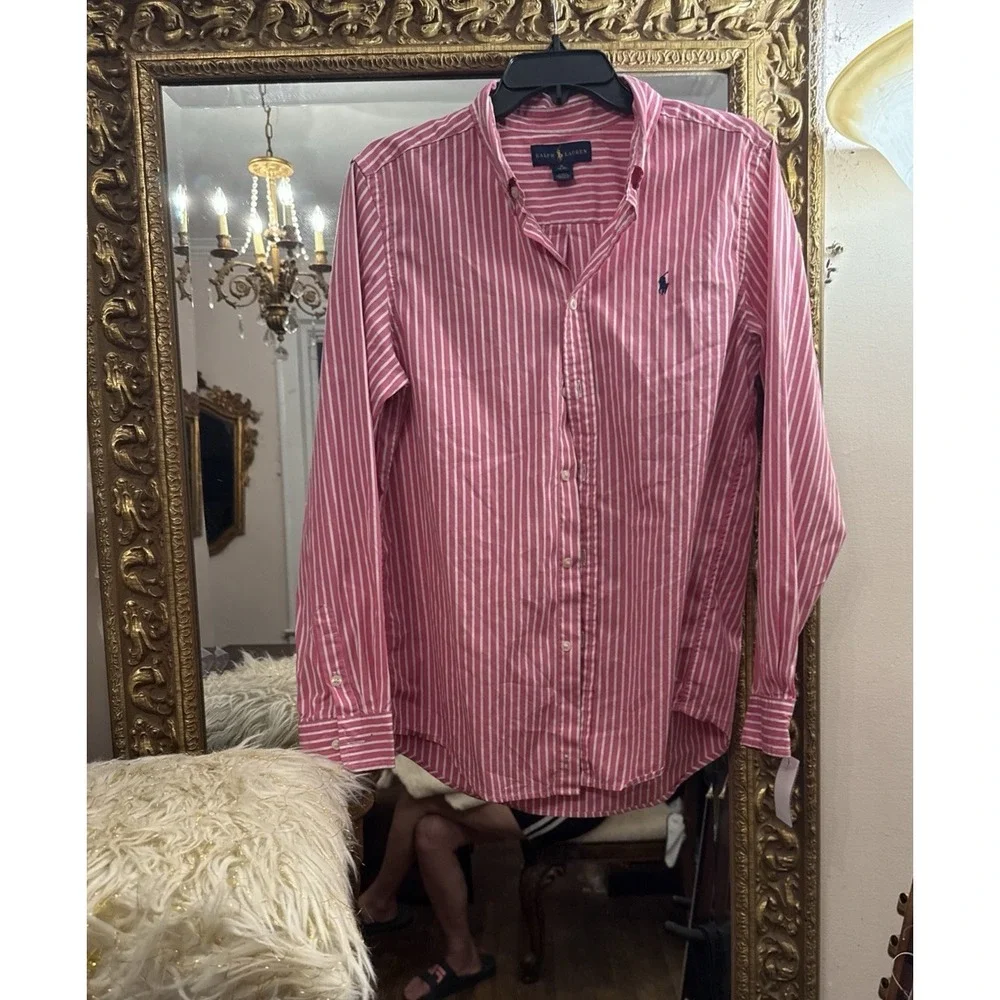 Ralph Lauren Shirt Boys Button Down XL (18-20) Pink White Striped Blue Pony Logo